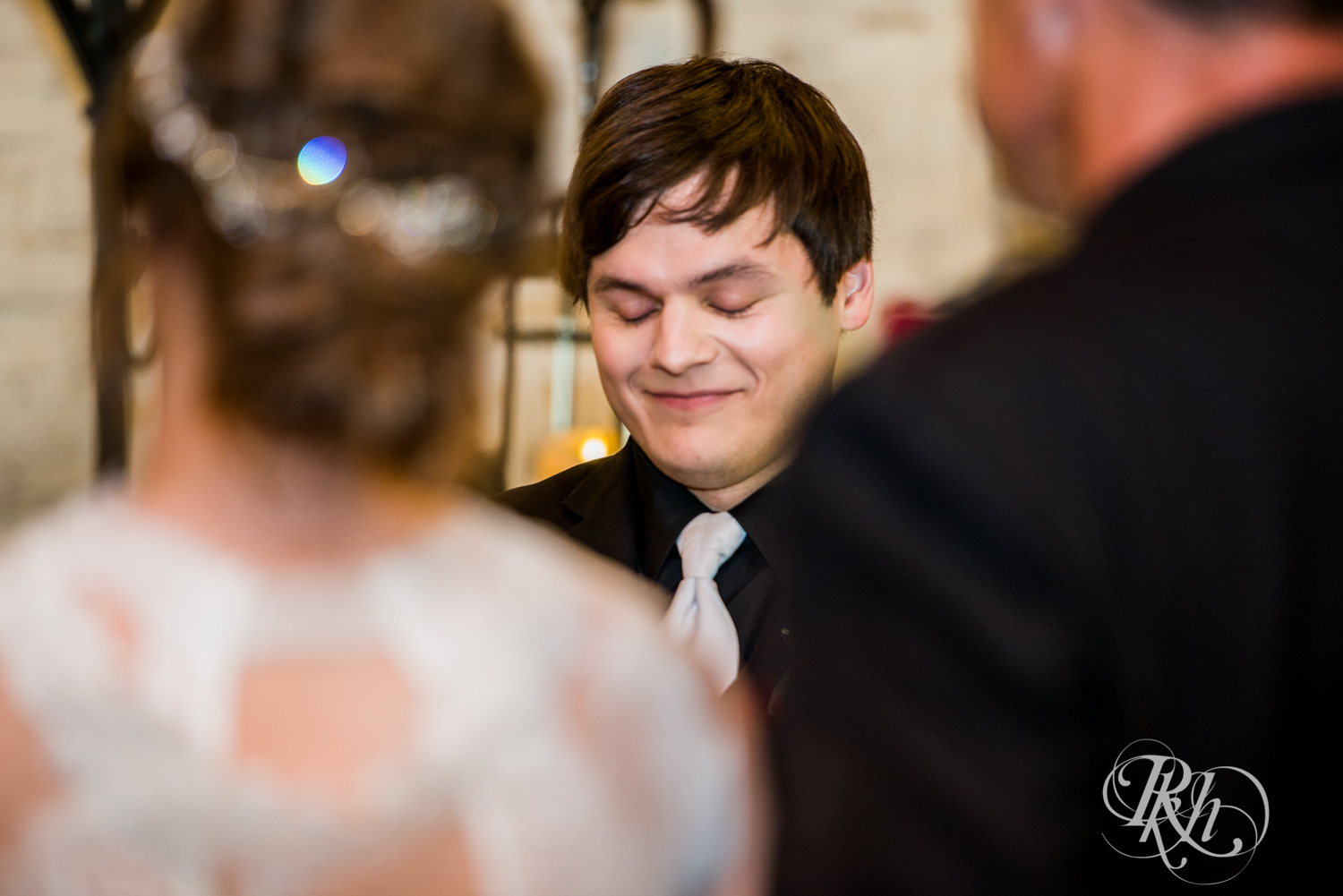 Groom gets emotional seeing bride walk down the aisle at Kellerman's Event Center in White Bear Lake, Minnesota.