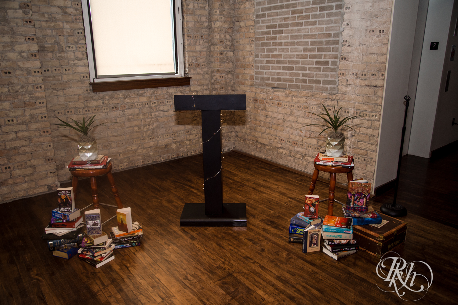 Indoor wedding alter made with books at Five Event Center in Minneapolis, Minnesota.