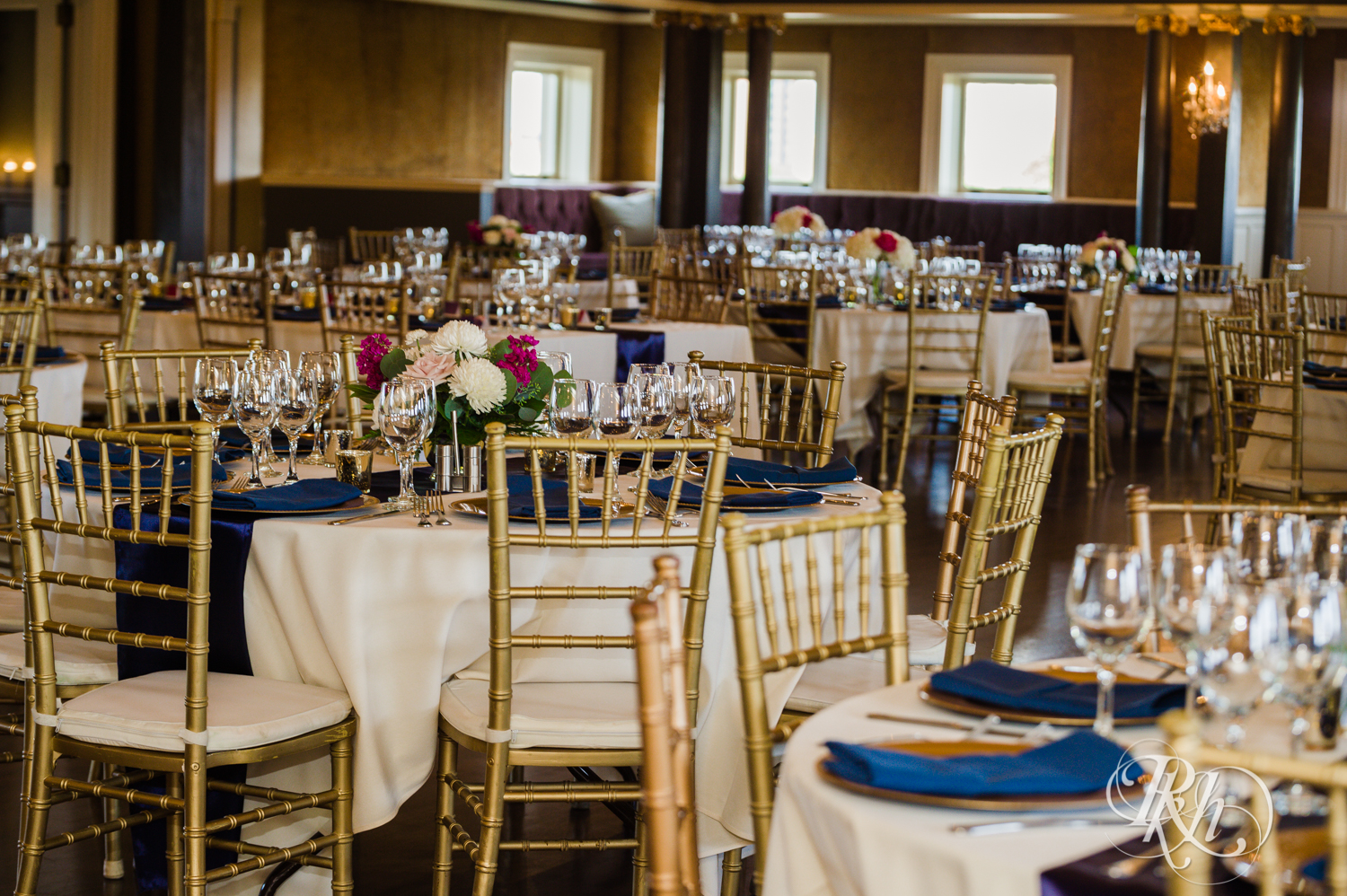 Indoor wedding reception setup at the Semple Mansion in Minneapolis, Minnesota.