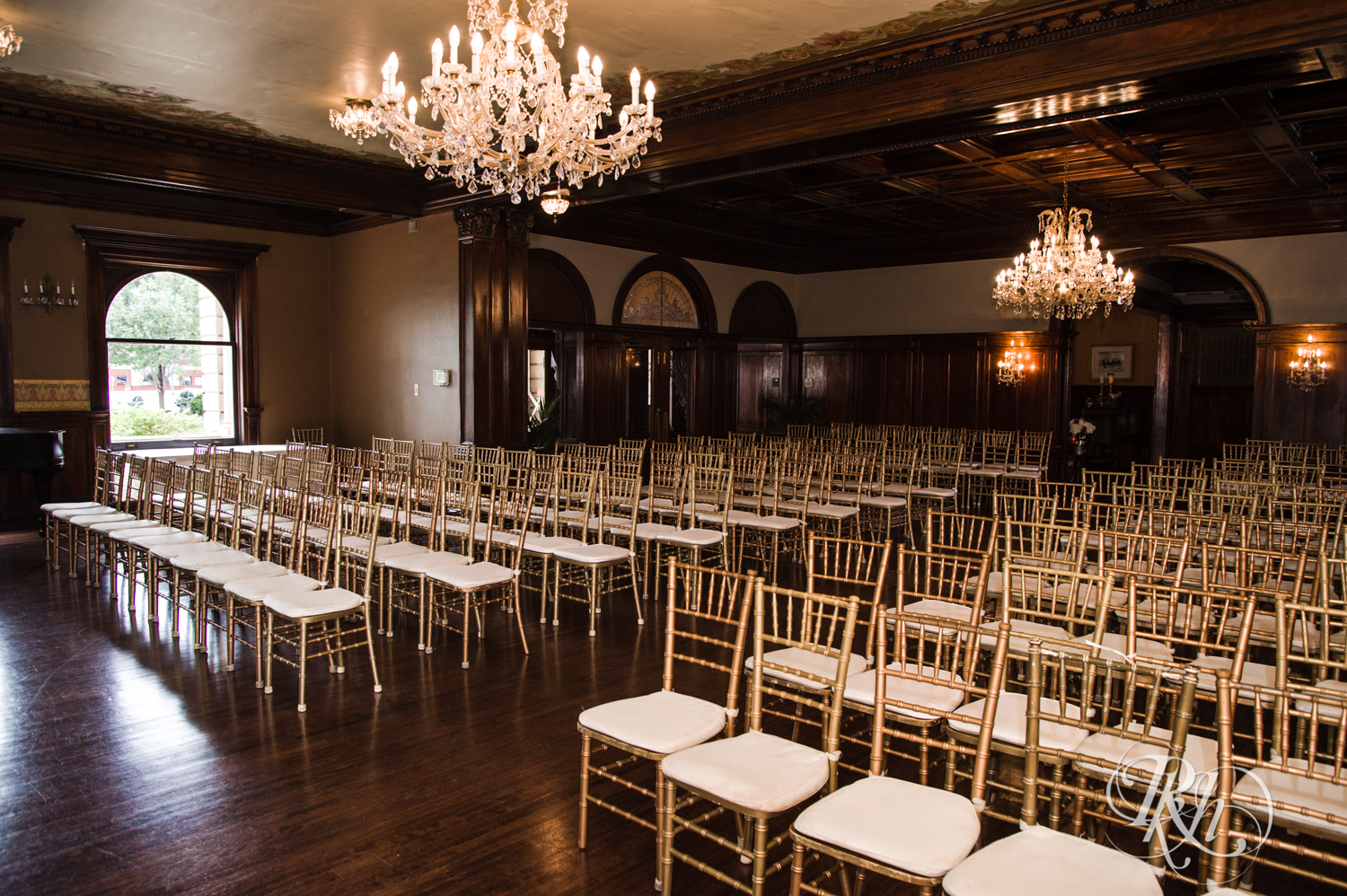 Indoor wedding ceremony setup at the Semple Mansion in Minneapolis, Minnesota.