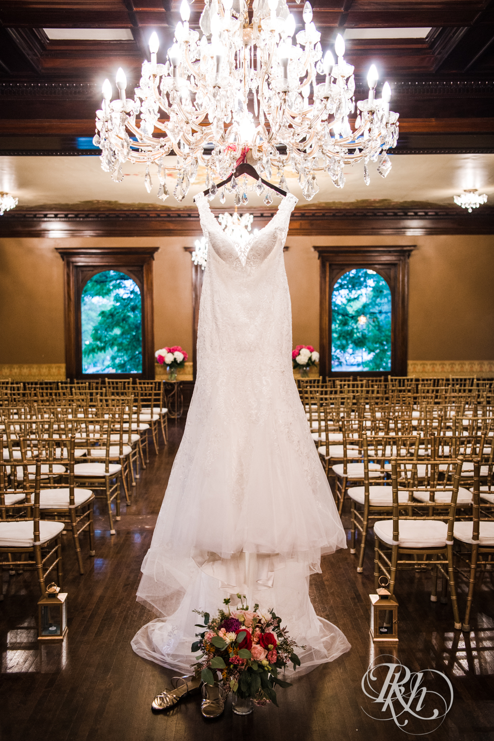 Dress hanging from chandelier at the Semple Mansion in Minneapolis, Minnesota.