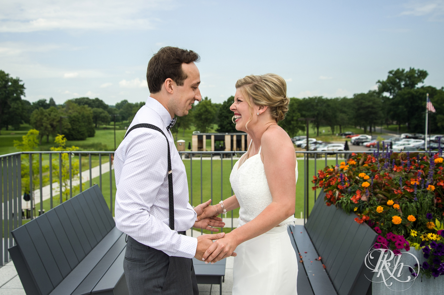Bride and groom share first look at Brookview Golf Course in Golden Valley, Minnesota.