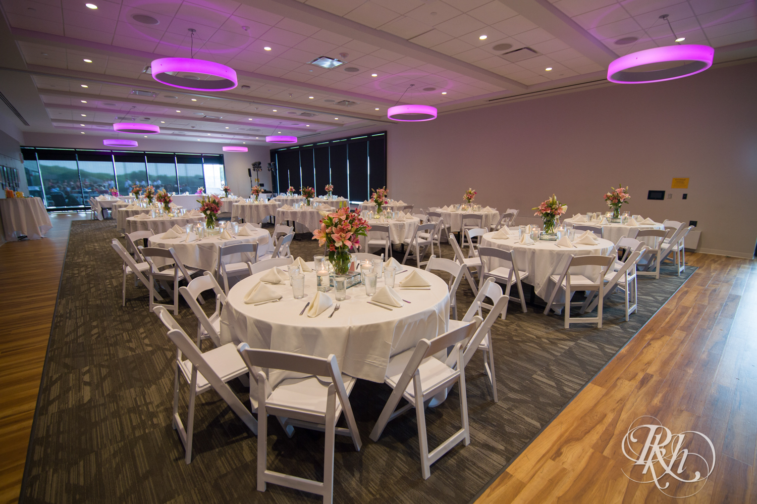 Indoor summer wedding reception setup at Brookview Golf Course in Golden Valley, Minnesota.
