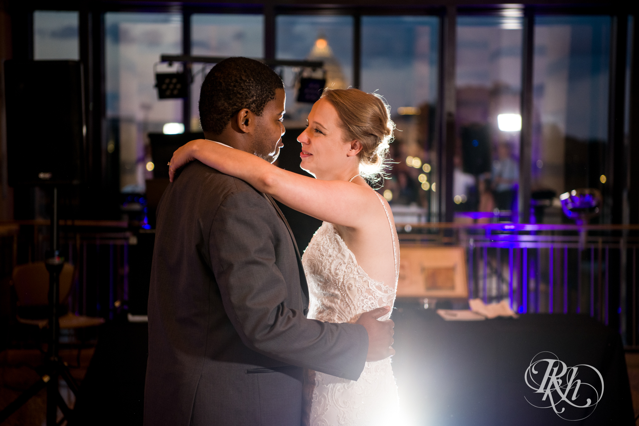 Bride and groom share first dance at Minnesota History Center in Saint Paul, Minnesota.