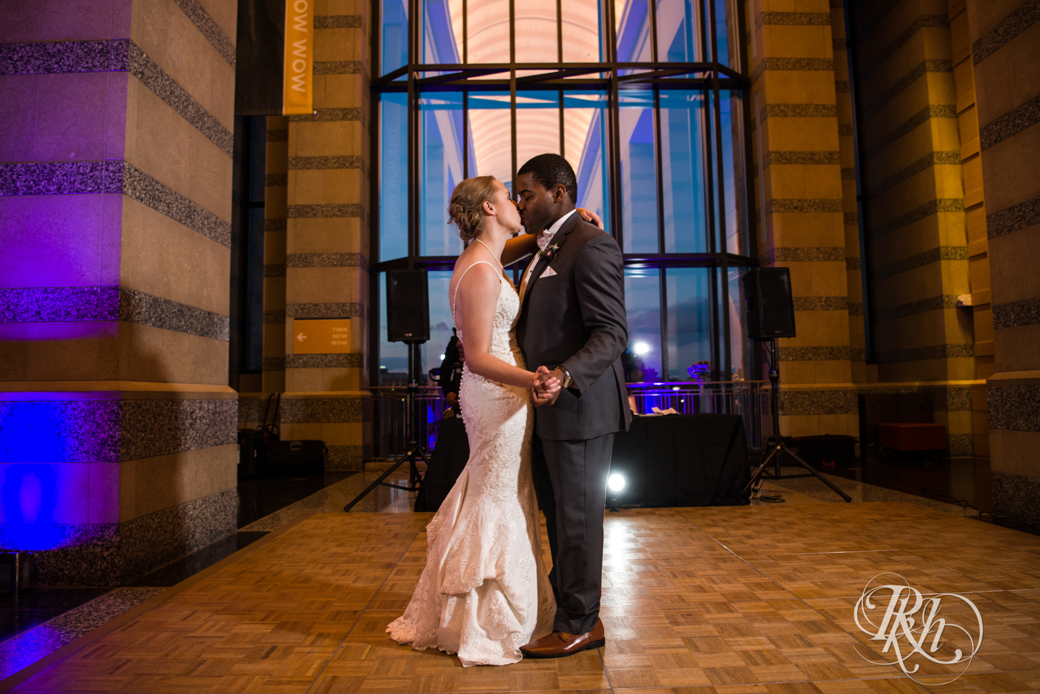 Bride and groom share first dance at Minnesota History Center in Saint Paul, Minnesota.