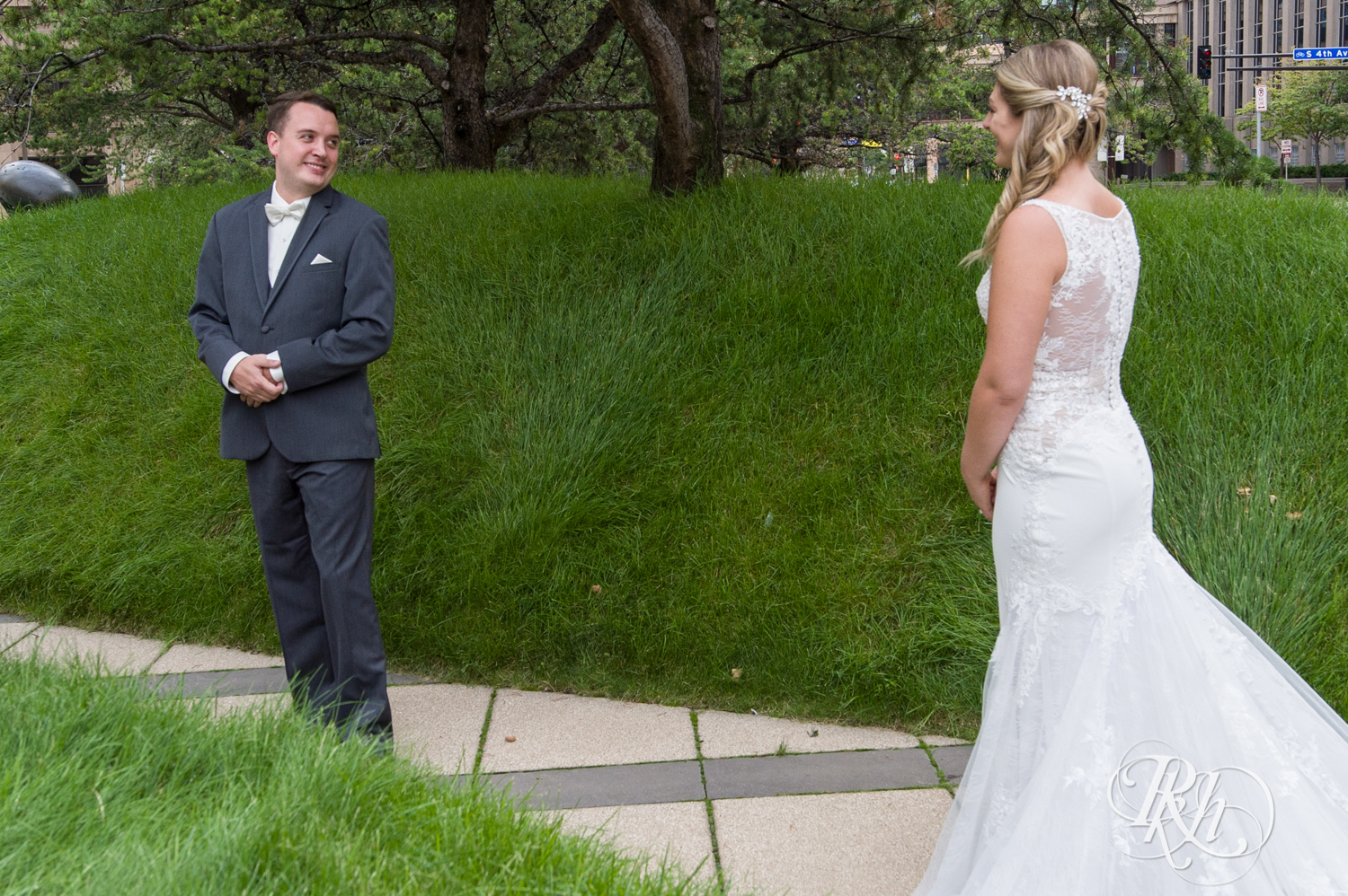 Bride and groom share first look in the city in Minneapolis, Minnesota.