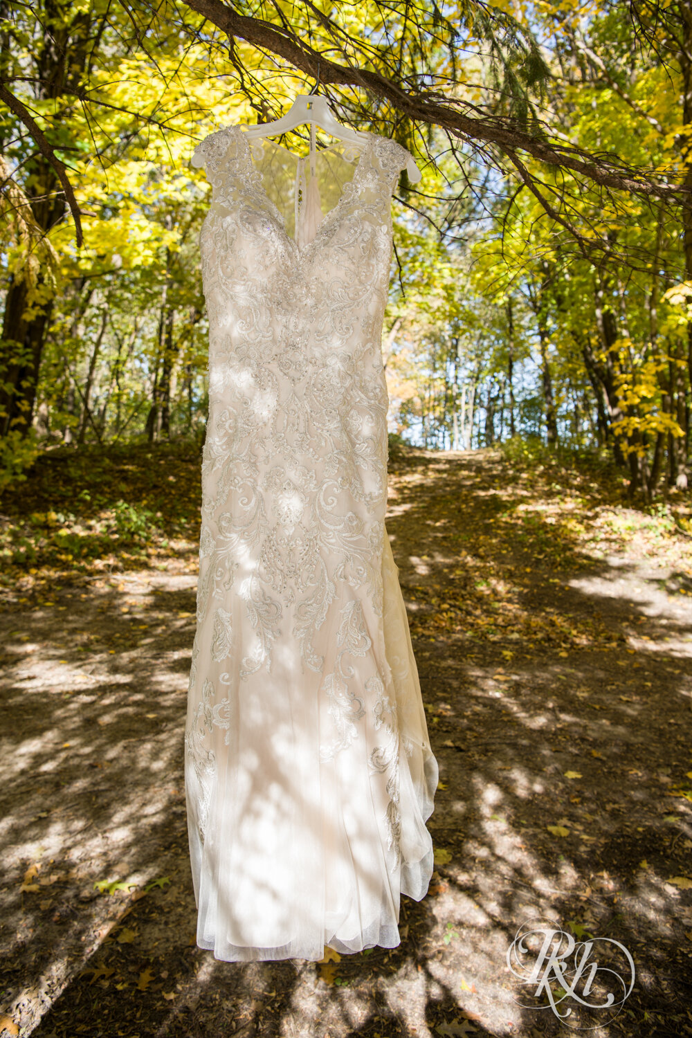 Wedding dress hanging in tree at Minnesota Horse and Hunt Club in Prior Lake, Minnesota.