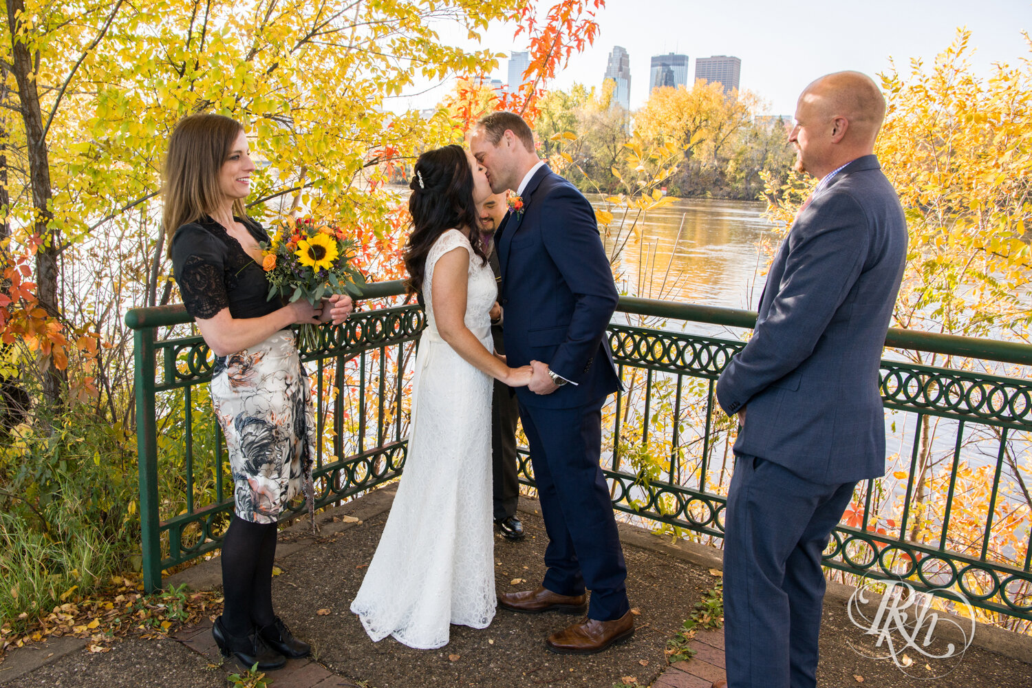 Outdoor wedding first kiss in Minneapolis