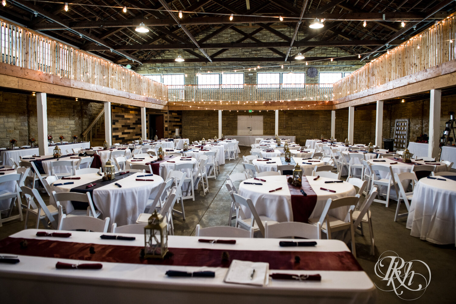 Indoor wedding reception layout at Olmsted County Fairgrounds in Rochester, Minnesota.