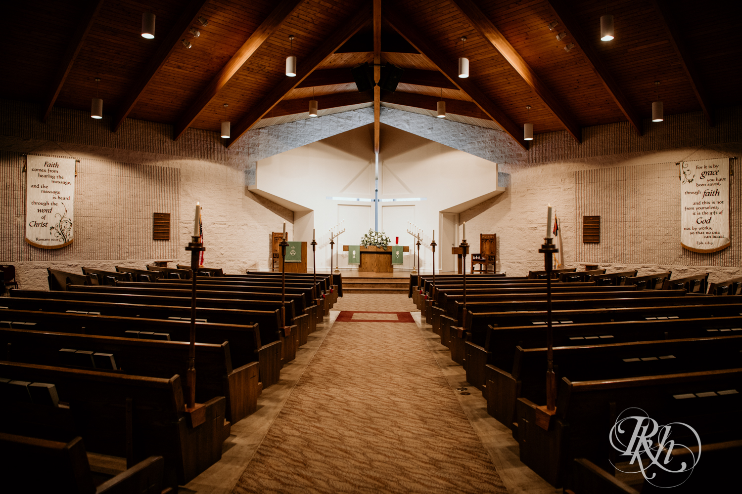 Indoor church winter wedding ceremony setup in Golden Valley, Minnesota.