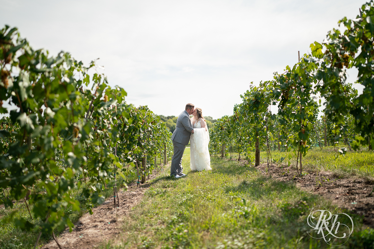 Bride and groom kissing in vineyard at summer wedding at 7 Vines Vineyard in Dellwood, Minnesota.
