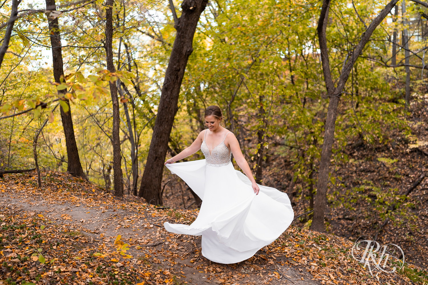 Bride and dancing in the woods at Schaar's Bluff in Hastings, Minnesota. 
