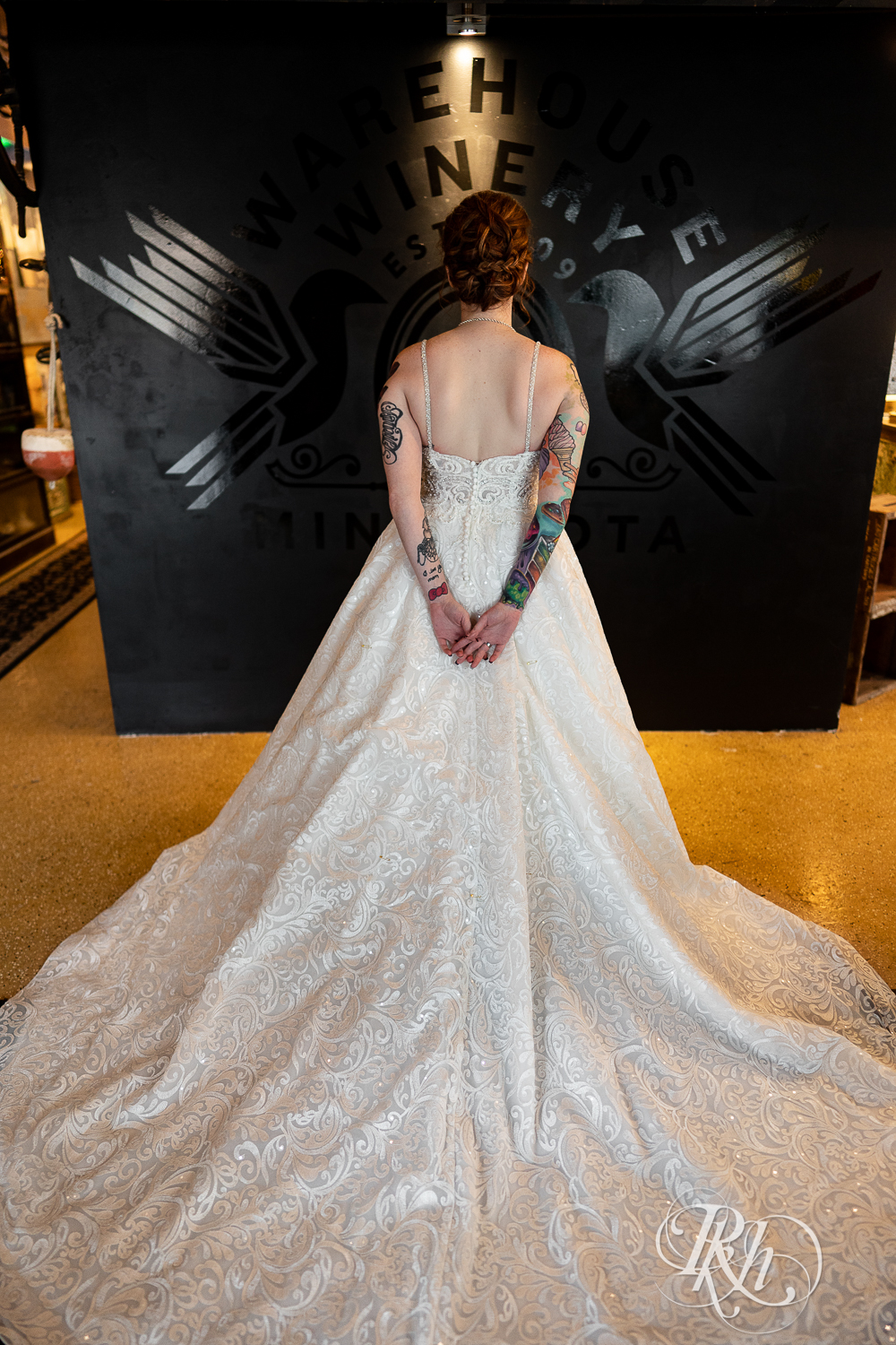 Tattooed bride at Warehouse Winery in Saint Louis Park, Minnesota.