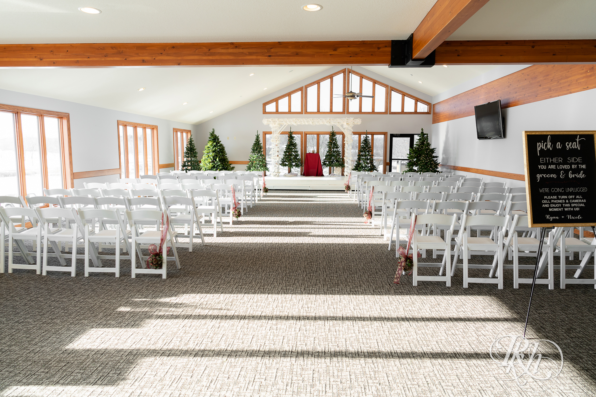 Christmas wedding ceremony setup at Oak Glen Golf Course in Stillwater, Minnesota.