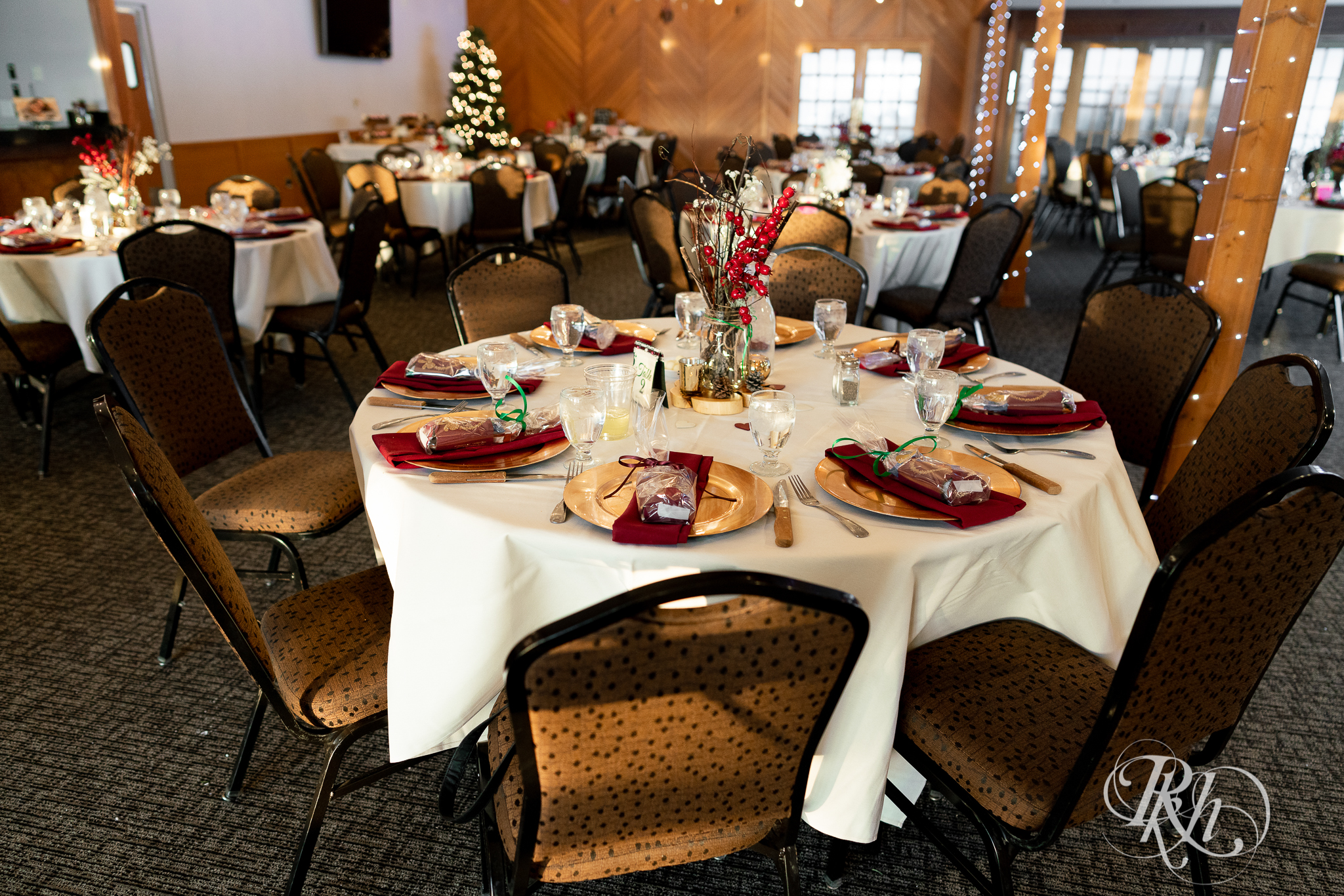 Christmas wedding reception setup at Oak Glen Golf Course in Stillwater, Minnesota.