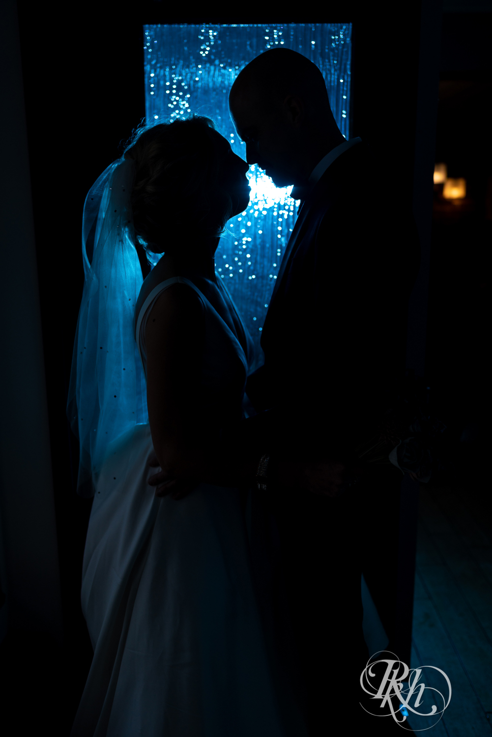 Bride and groom kissing in blue silhouette at Braemar Golf Course in Edina, Minnesota.