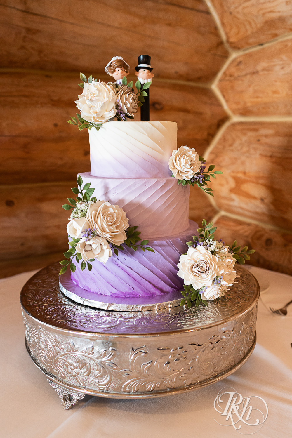 Purple ombre wedding cake for winter wedding at Glenhaven Events in Farmington, Minnesota.