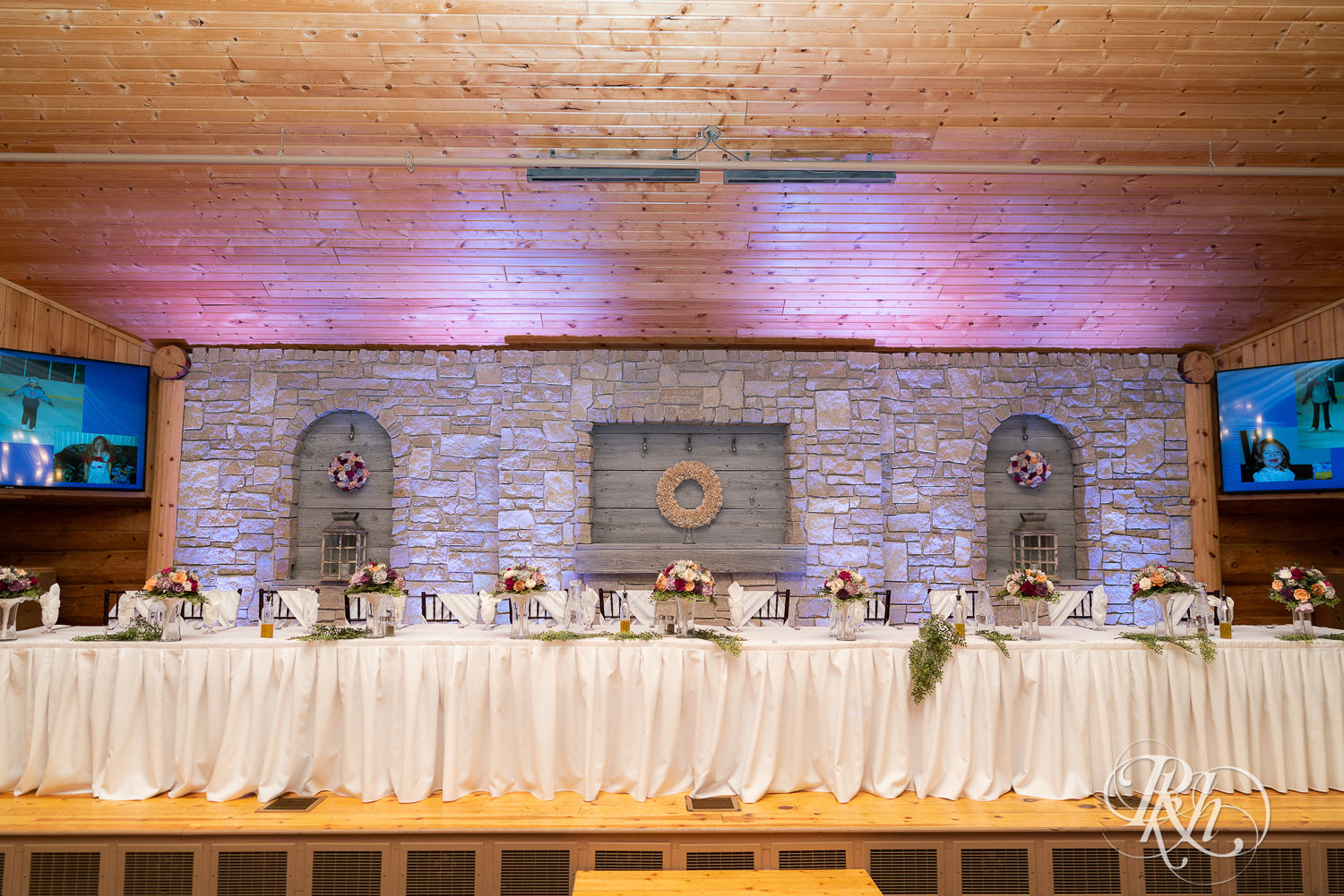 Reception setup for winter wedding at Glenhaven Events in Farmington, Minnesota.