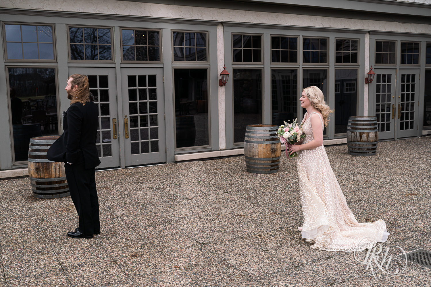 First look between bride and groom at Rush Creek Golf Club in Maple Grove, Minnesota.