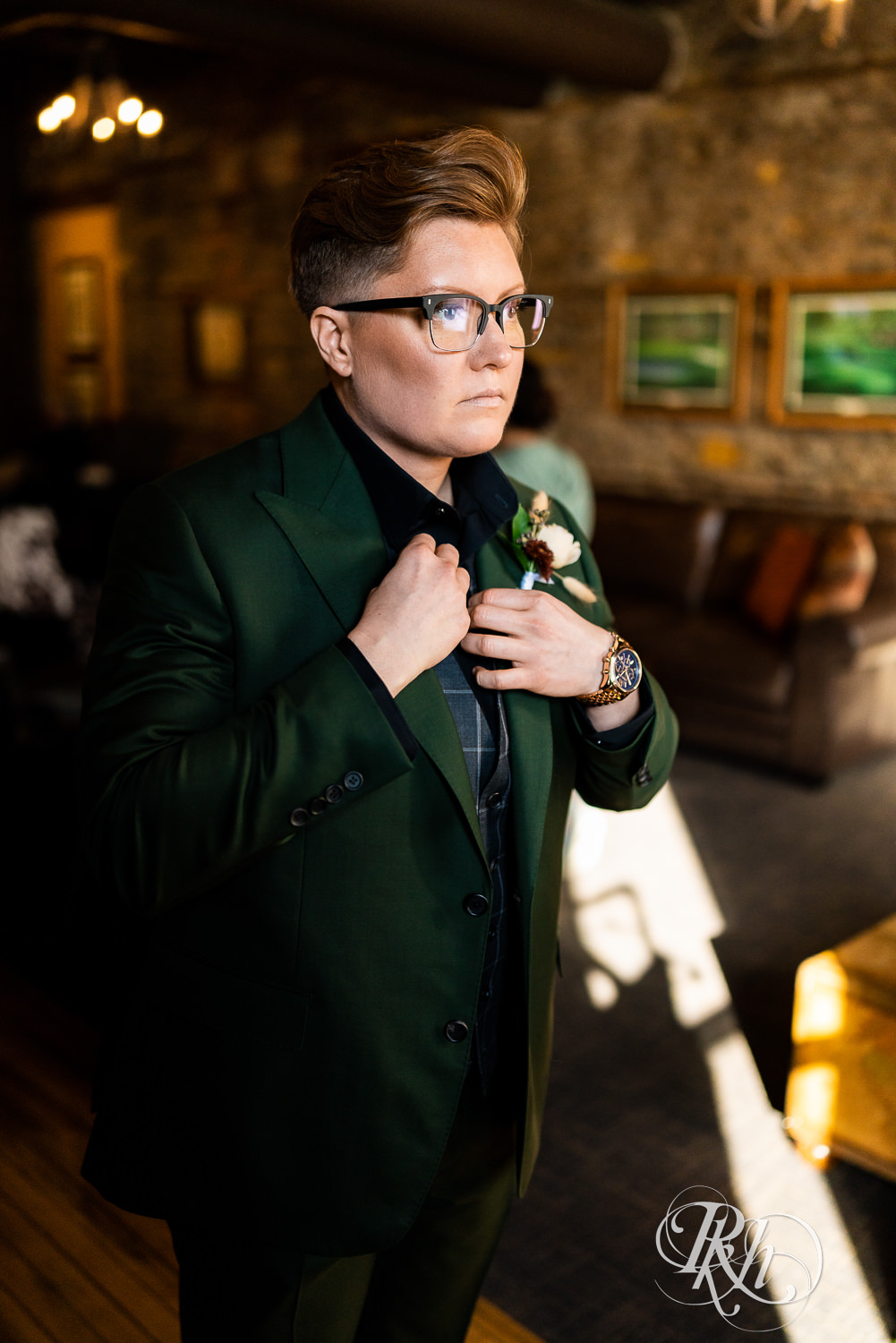 woman dressing in green suit
