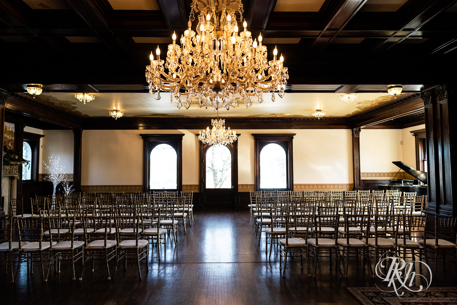 Indoor winter wedding ceremony setup at the Semple Mansion in Minneapolis, Minnesota.