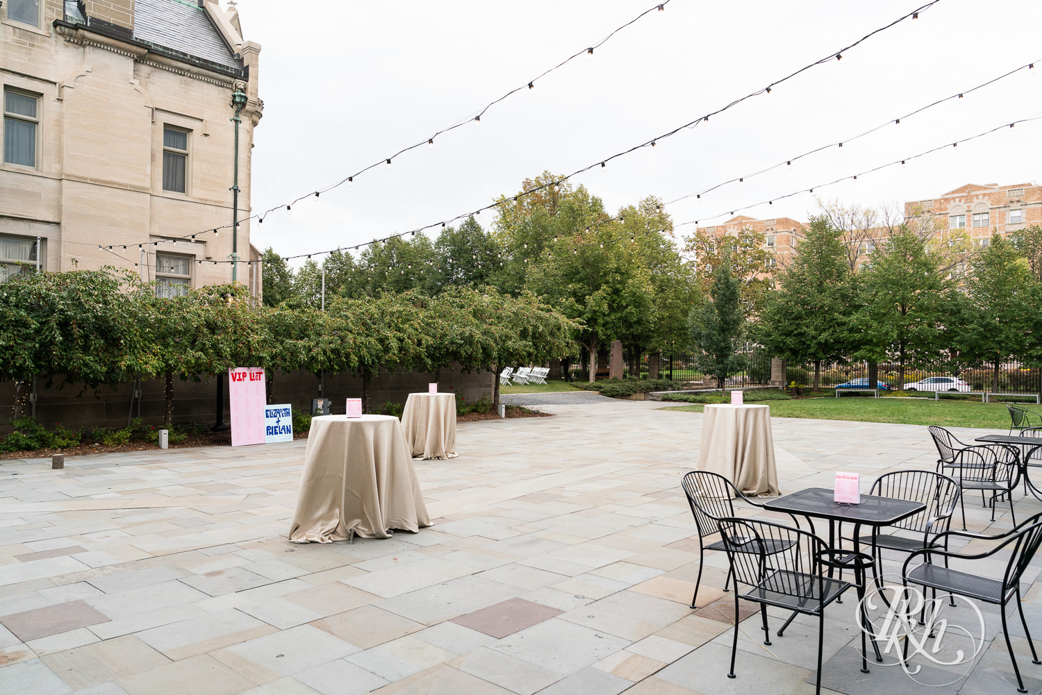 Outdoor wedding ceremony setup at the American Swedish Institute in Minneapolis, Minnesota.