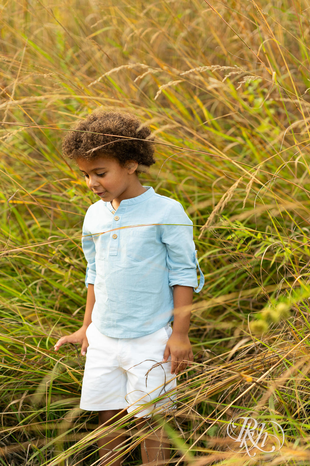 Little black boy dressed in blue shirt and white shorts plays in field during sunset at Lebanon Hills Regional Park in Eagan, Minnesota.